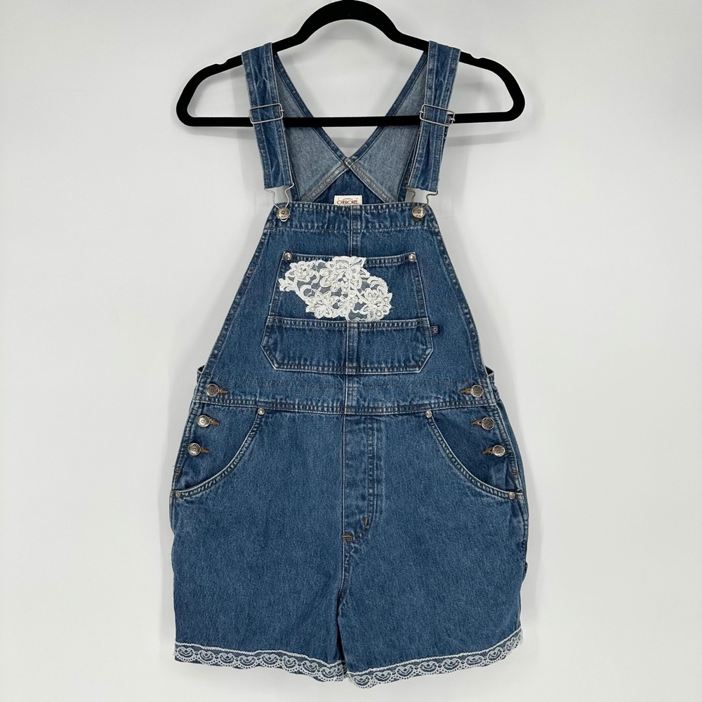 VTG Cherokee Blue Denim Bib Lace Trim Pearl Beaded Short Overalls Shortall 90s S